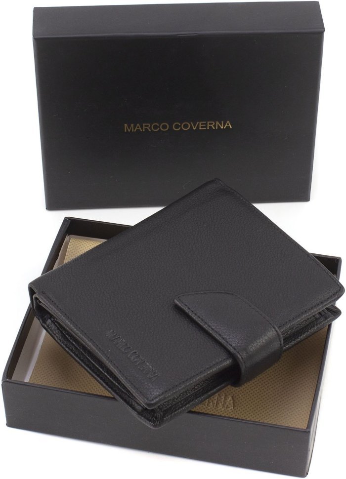 Невеликий чоловічий портмоне вертикального типу з натуральної чорної шкіри Marco Coverna 68655
