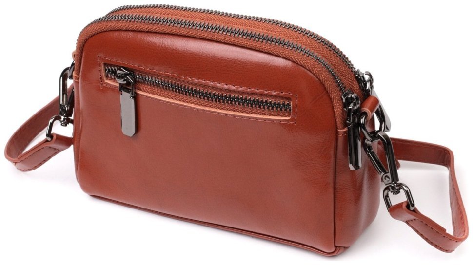 Жіноча сумка з натуральної шкіри коричневого кольору на дві блискавки Vintage 2422419