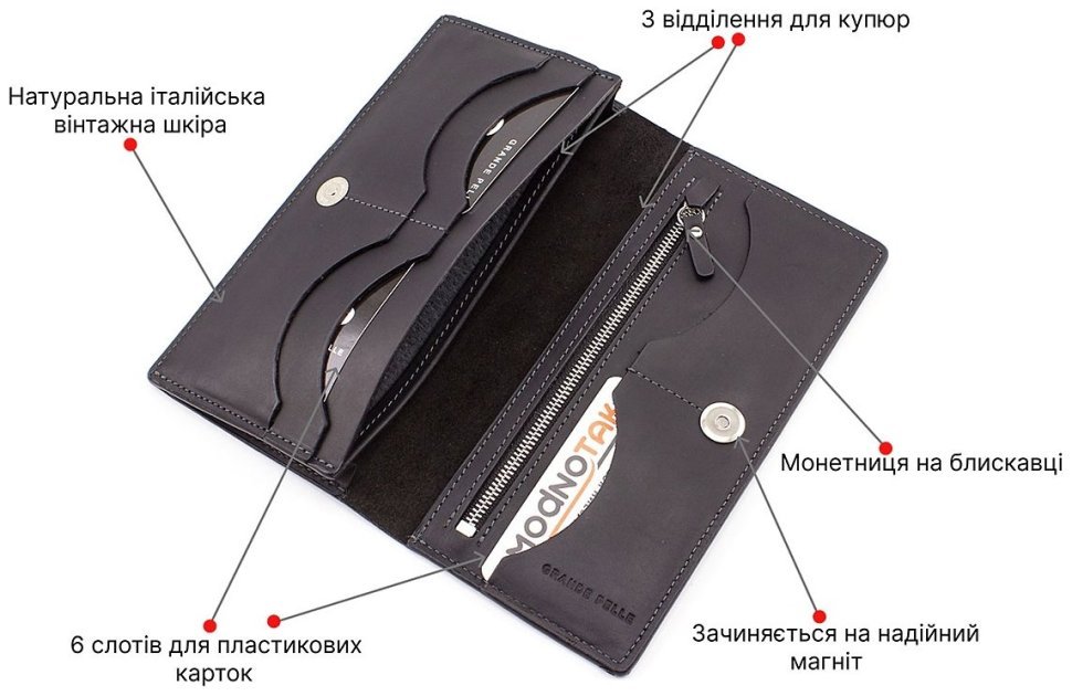 Классический тонкий купюрник из черной кожи крейзи хорс Grande Pelle (13204) modnotak фото №4