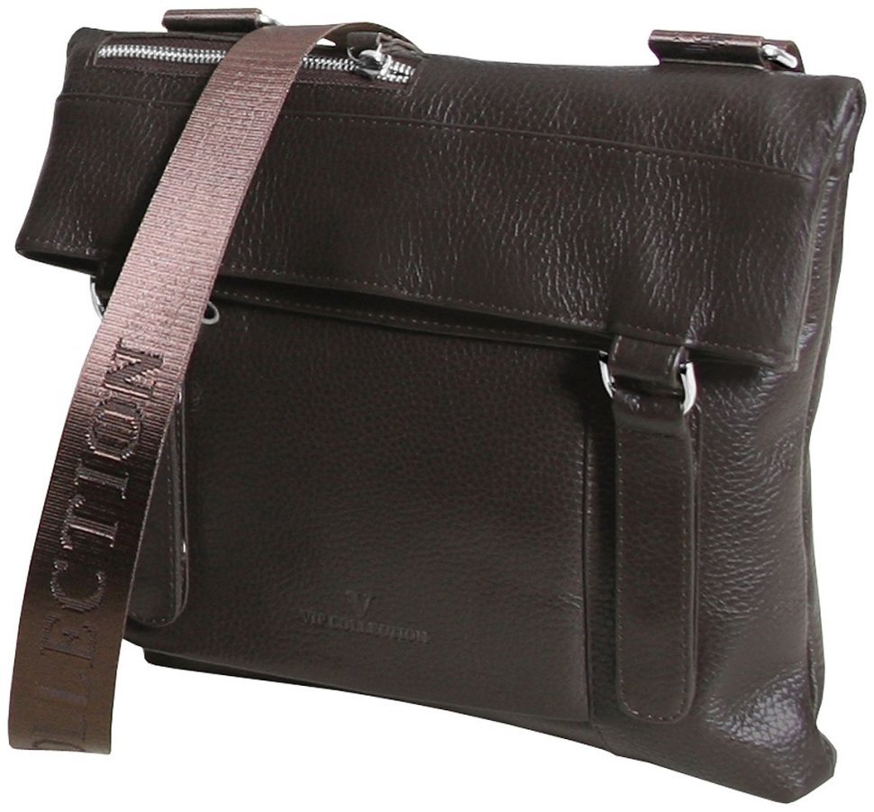 Ділова коричнева чоловіча сумка месенджер із фактурної шкіри з магнітом та текстильним ременем Vip Collection 102656 modnotak фото №2