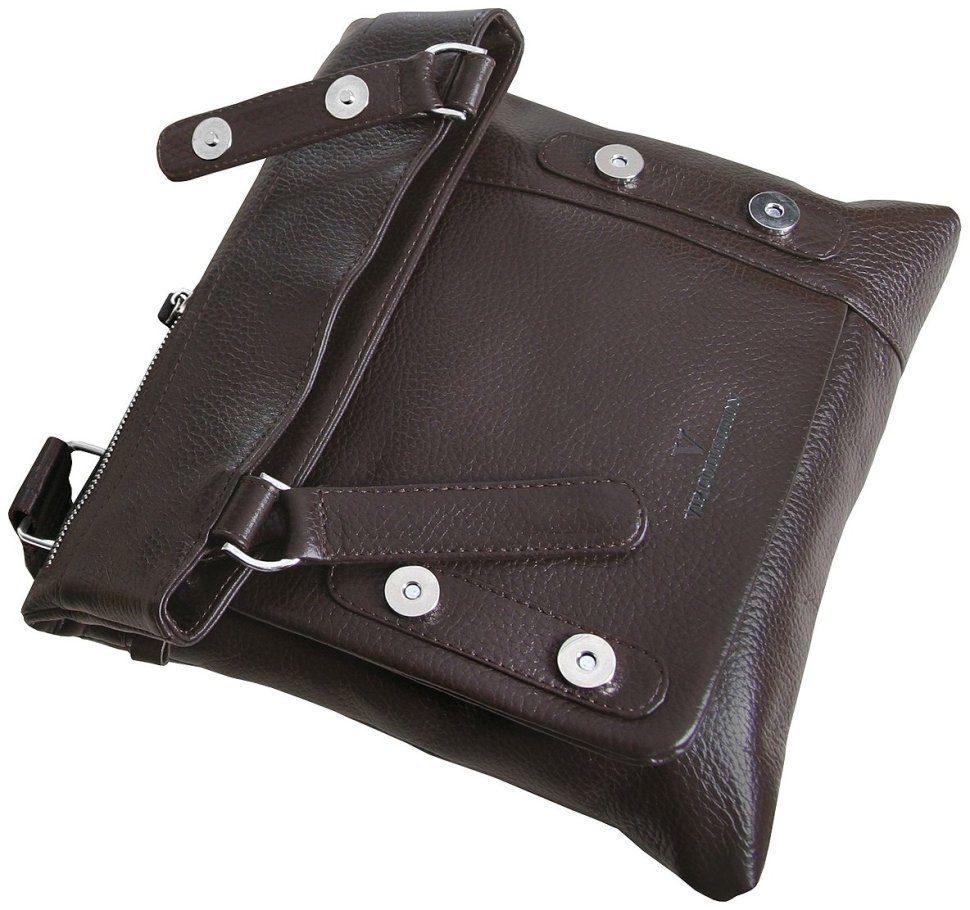 Ділова коричнева чоловіча сумка месенджер із фактурної шкіри з магнітом та текстильним ременем Vip Collection 102656 modnotak фото №5