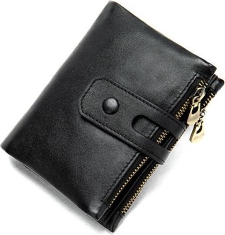 Функциональный мужской кошелек из гладкой кожи черного цвета с хлястиком на кнопке Vintage (2414918)