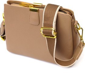 Бежева жіноча сумка-кроссбоді на три відділення з натуральної шкіри Vintage (2422106)