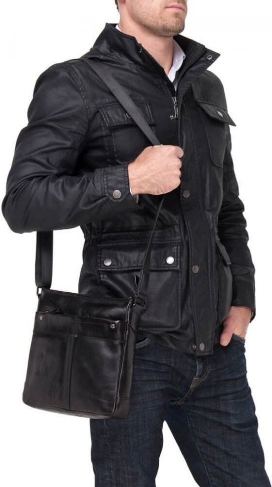 Мужская черная сумка-планшет через плечо из гладкой натуральной кожи Tiding Bag (15813)