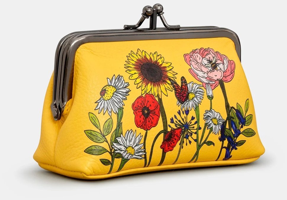 Женский кожаный кошелек на поцелуйчике Yoshi Y1328 Wildflowers 94956 (желтого цвета с принтом цветов) modnotak фото №4