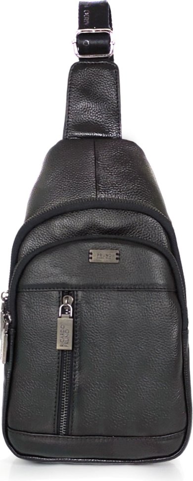 Молодежная мужская сумка-слинг из зернистой кожи черного цвета Ricardo Pruno (21248)