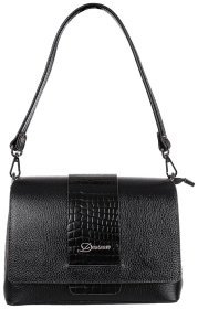 Деловая каркасная женская сумка из фактурной кожи с клапаном на магните и вставкой под кроко Desisan 107156 черного цвета