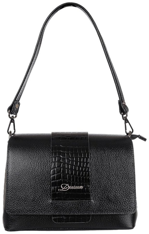 Деловая каркасная женская сумка из фактурной кожи с клапаном на магните и вставкой под кроко Desisan 107156 черного цвета modnotak фото №1