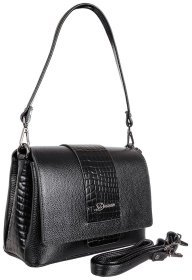 Деловая каркасная женская сумка из фактурной кожи с клапаном на магните и вставкой под кроко Desisan 107156 черного цвета