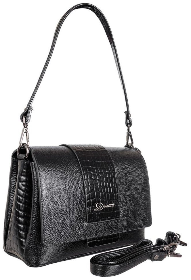 Деловая каркасная женская сумка из фактурной кожи с клапаном на магните и вставкой под кроко Desisan 107156 черного цвета modnotak фото №2