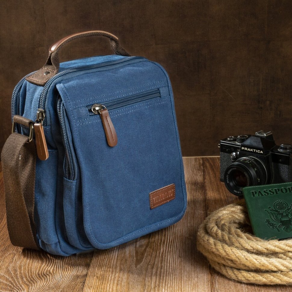 Синяя текстильная мужская сумка-барсетка на два отделения Vintage (20201)