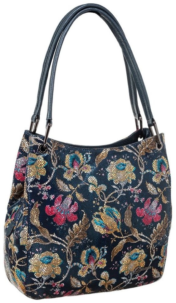 Стильная женская сумка с цветочным узором из фактурной кожи синего цвета Desisan 107456 modnotak фото №2