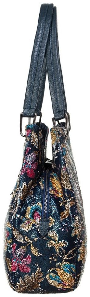 Стильная женская сумка с цветочным узором из фактурной кожи синего цвета Desisan 107456 modnotak фото №3