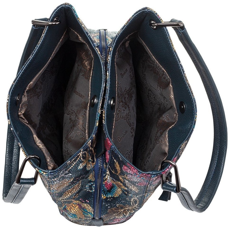 Стильная женская сумка с цветочным узором из фактурной кожи синего цвета Desisan 107456 modnotak фото №6