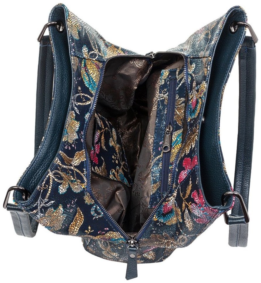 Стильная женская сумка с цветочным узором из фактурной кожи синего цвета Desisan 107456 modnotak фото №7