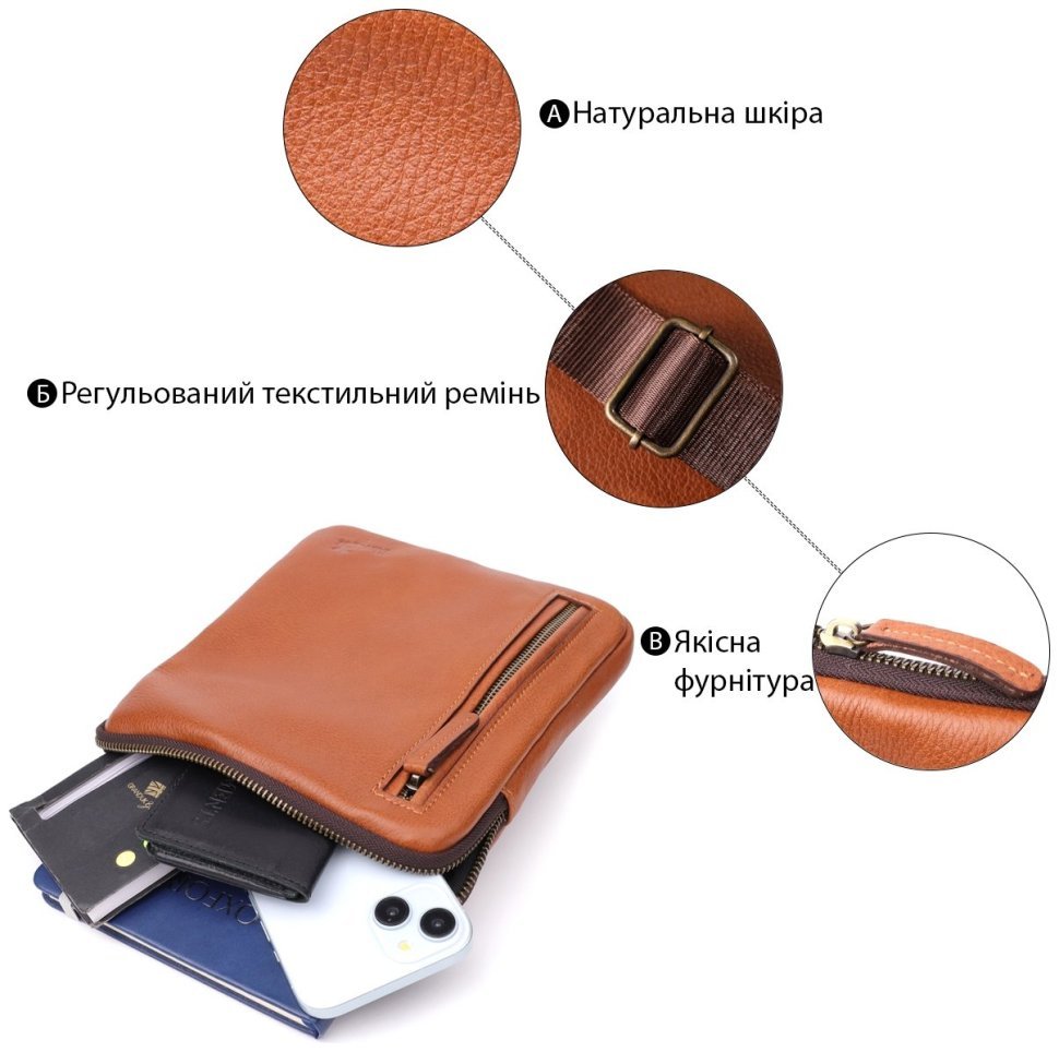 Мужская сумка из зернистой кожи рыжего цвета через плечо Shvigel 108356 modnotak фото №4