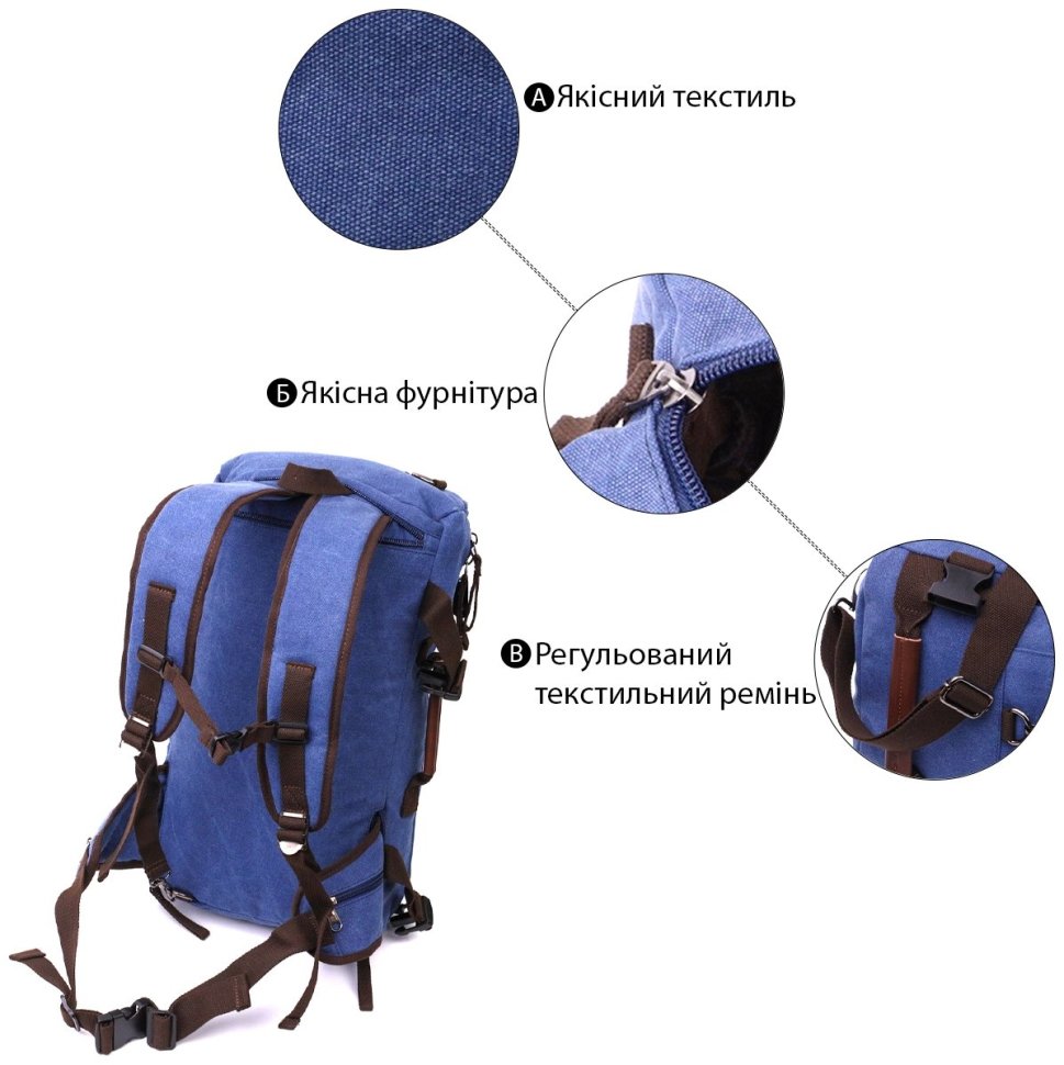 Чоловічий текстильний рюкзак-трансформер великого розміру в синьому кольорі Vintage 2422159 фото №11 Чоловічий текстильний рюкзак-трансформер великого розміру в синьому кольорі Vintage 2422159 modnotak фото №11