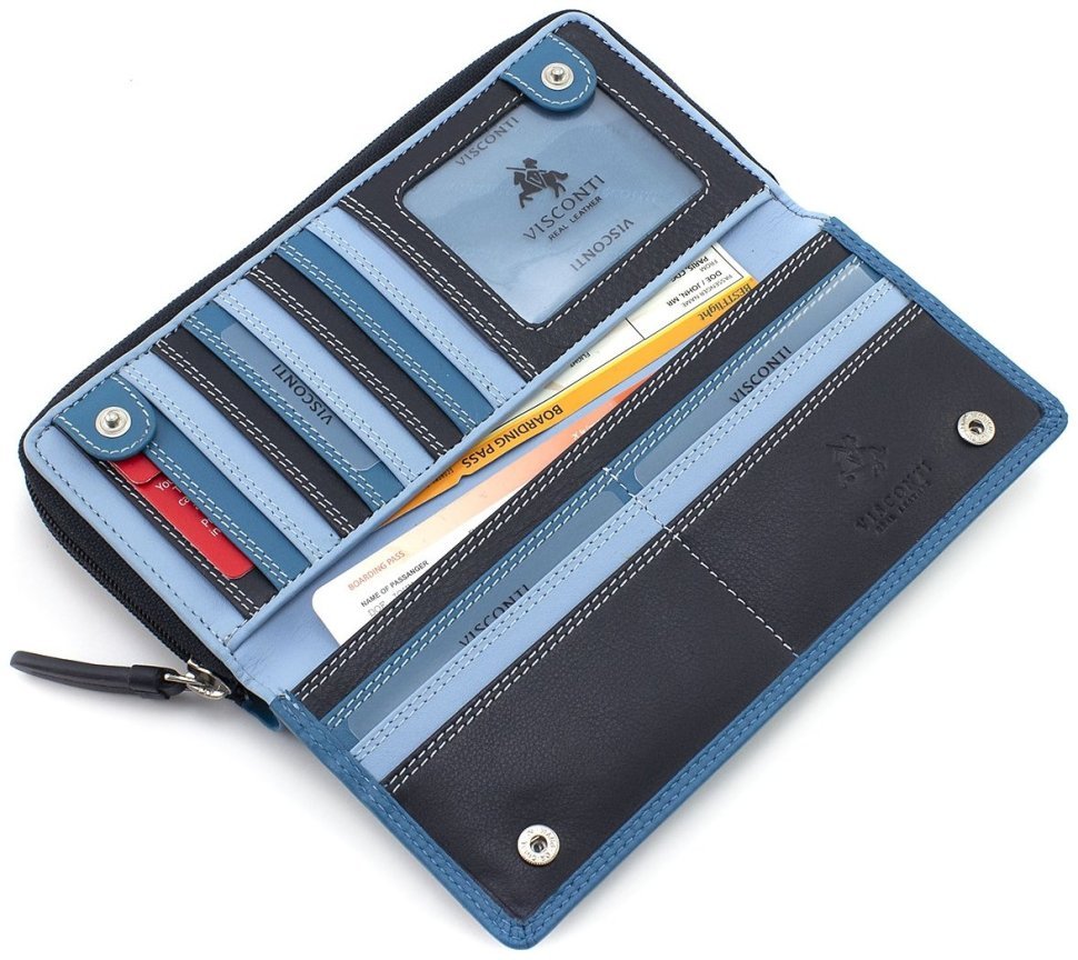 Великий жіночий гаманець із натуральної шкіри синього кольору на блискавці з RFID - Visconti Honolulu 68756