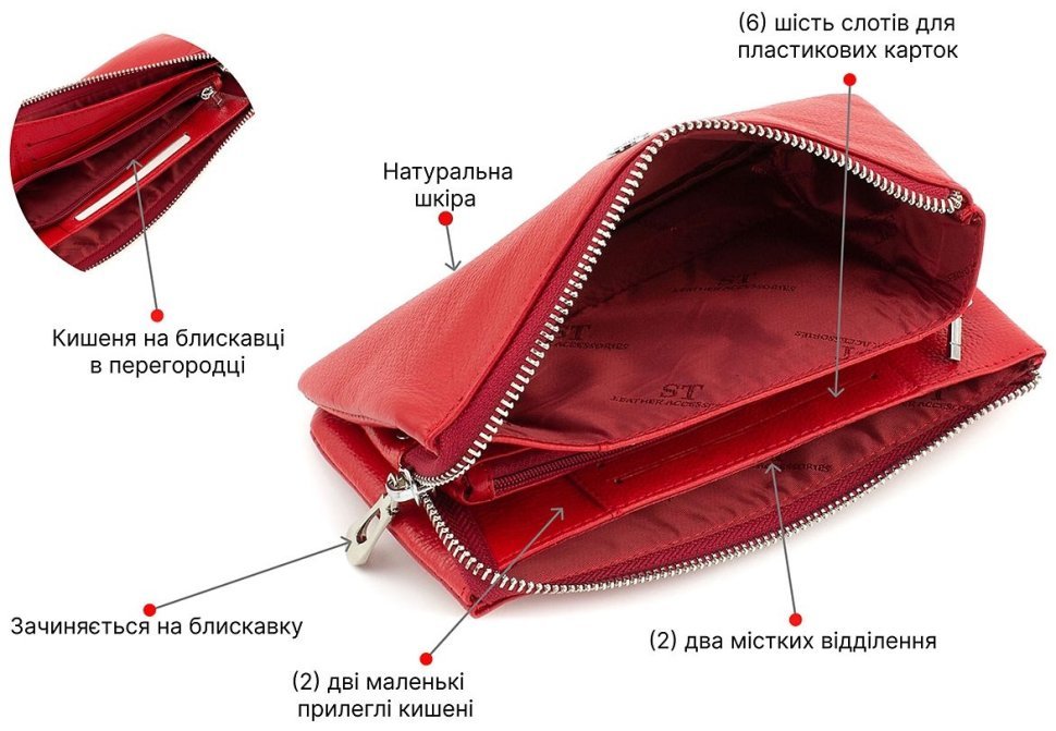 Червоний жіночий гаманець-клатч з натуральної шкіри на блискавці ST Leather (15329) modnotak фото №4