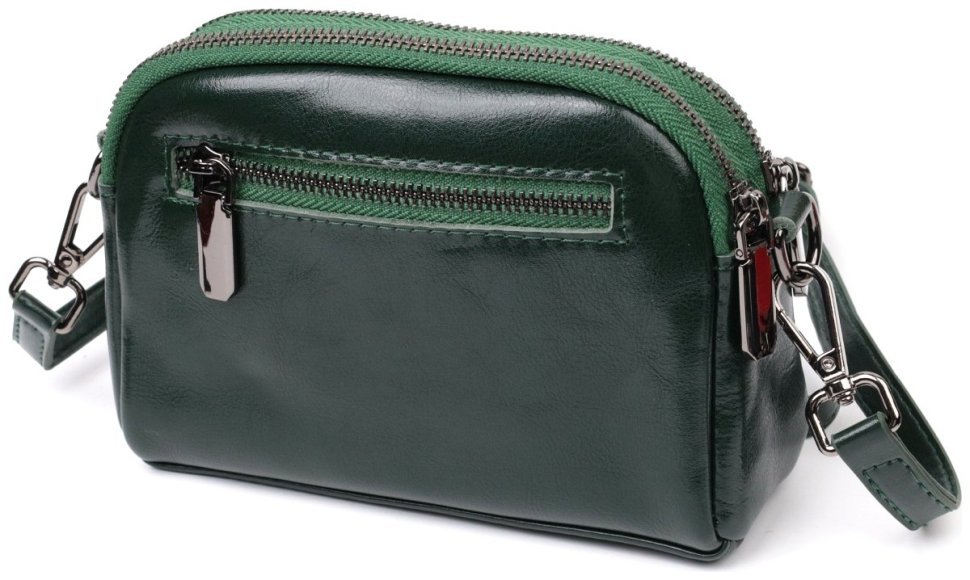 Невелика жіноча сумка-кроссбоді з натуральної шкіри зеленого кольору на дві блискавки Vintage 2422420