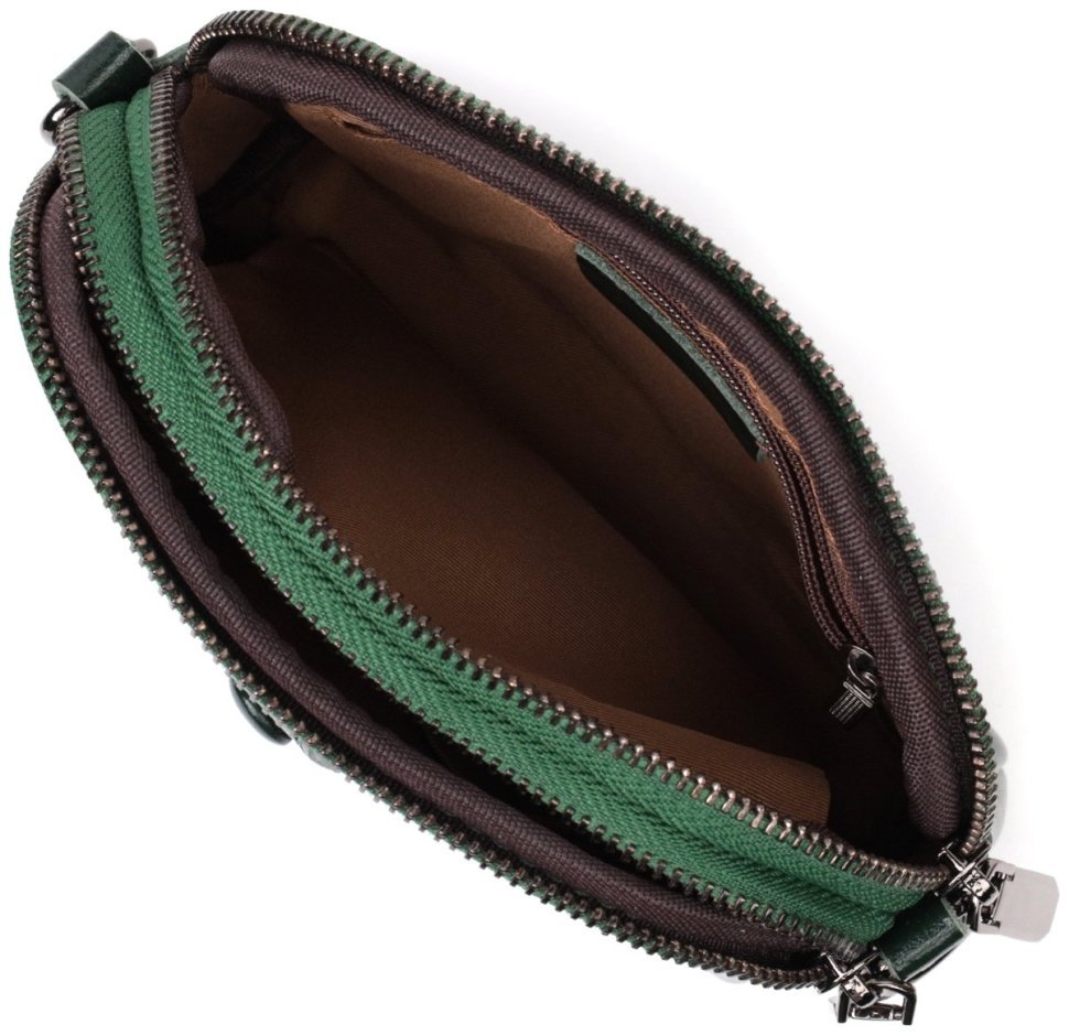 Невелика жіноча сумка-кроссбоді з натуральної шкіри зеленого кольору на дві блискавки Vintage 2422420