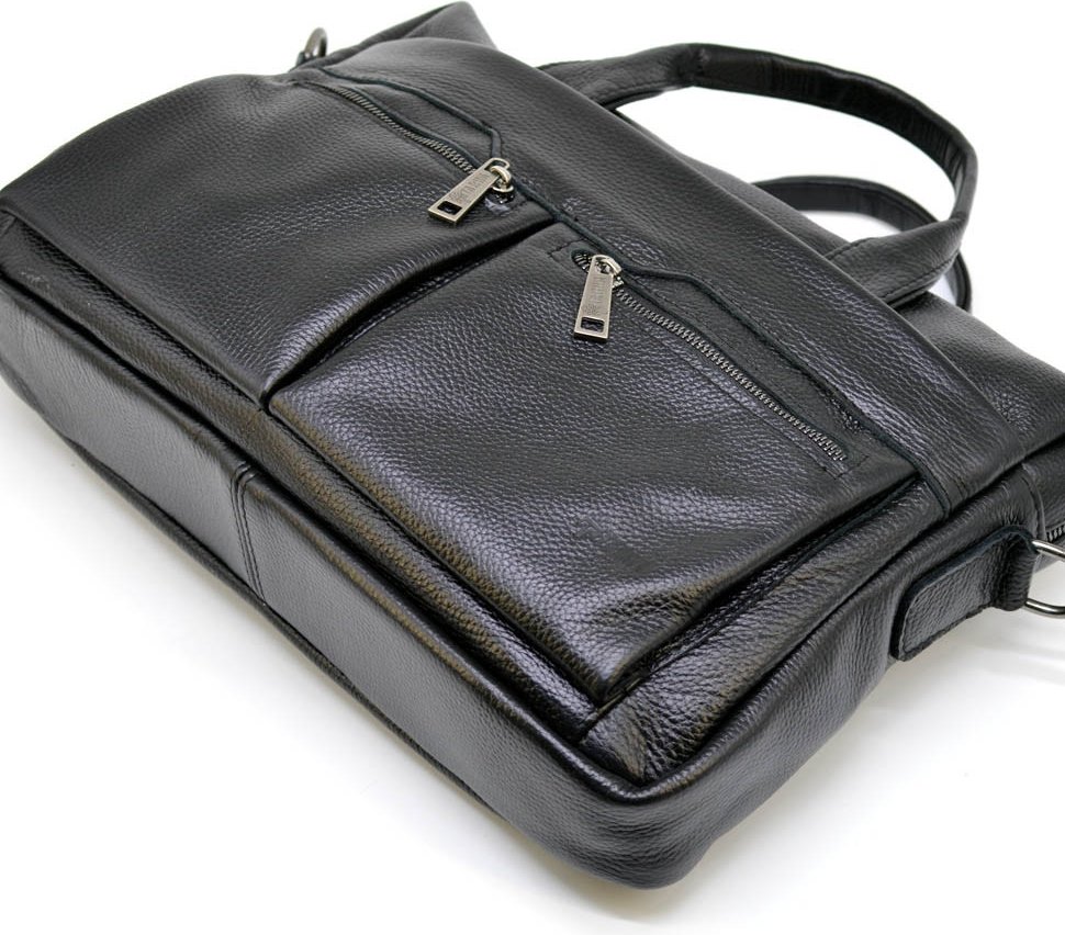 Мужская кожаная сумка для документов и ноутбука черного цвета с ручками TARWA (21732)