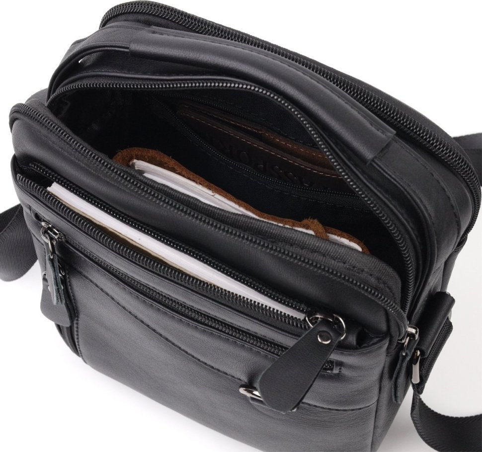 Добротна чоловіча сумка-барсетка з натуральної чорної шкіри Vintage (20823)