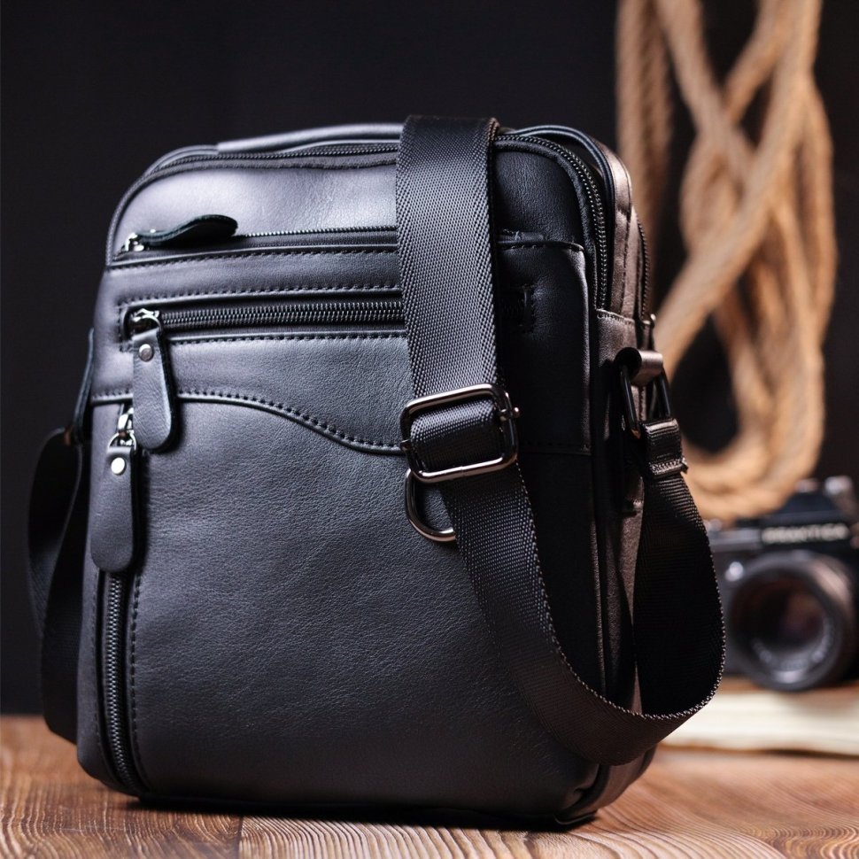 Добротная мужская сумка-барсетка из натуральной черной кожи Vintage (20823)