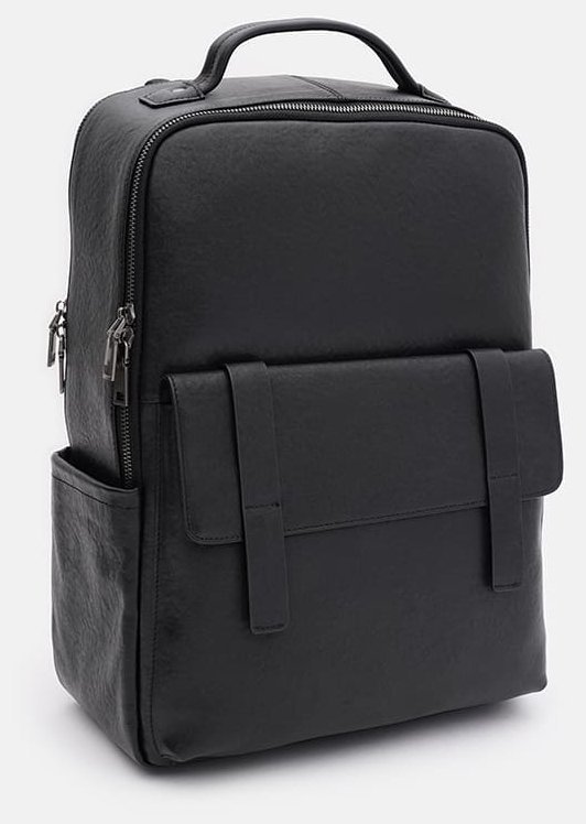 Великий чорний чоловічий рюкзак з натуральної шкіри на два відділення Ricco Grande 71557