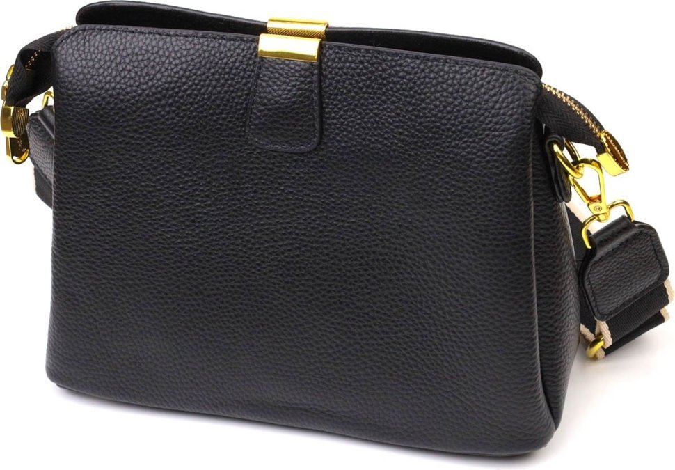 Жіноча сумка-кроссбоді на три відділення з натуральної шкіри чорного кольору Vintage (2422107)