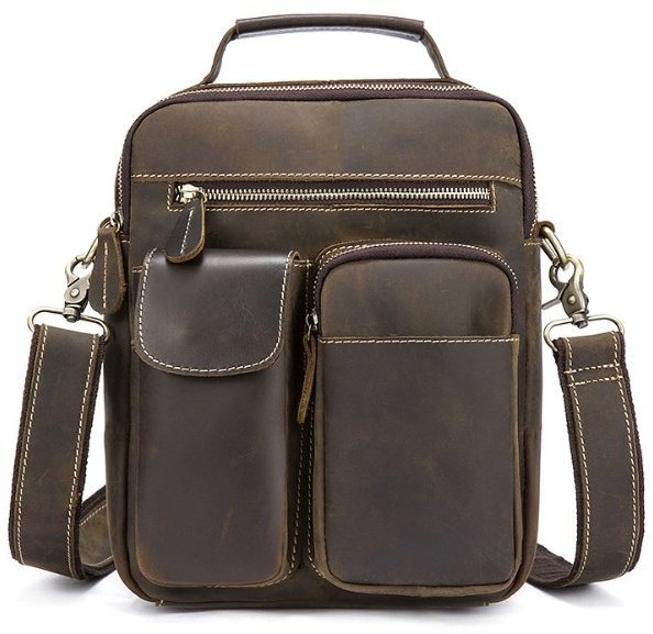 Чоловіча сумка-барсетка з vintage шкіри коричневого кольору з ручкою і знімним ременем Tiding Bag (21561)
