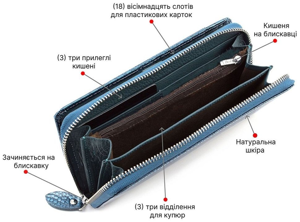 Кошелек лаковый на молнии с блоком под карточки H - Leather Accessories (17265) modnotak фото №4