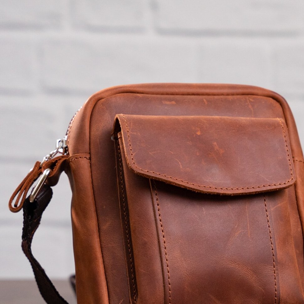 Маленькая мужская винтажная сумка из натуральной кожи коньячного цвета SHVIGEL (11132)