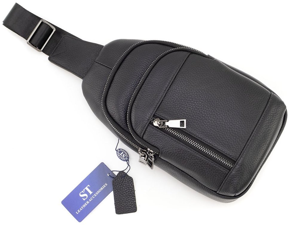 Чоловіча сумка-слінг із фактурної натуральної шкіри Leather Collection 94557 чорного кольору modnotak фото №5