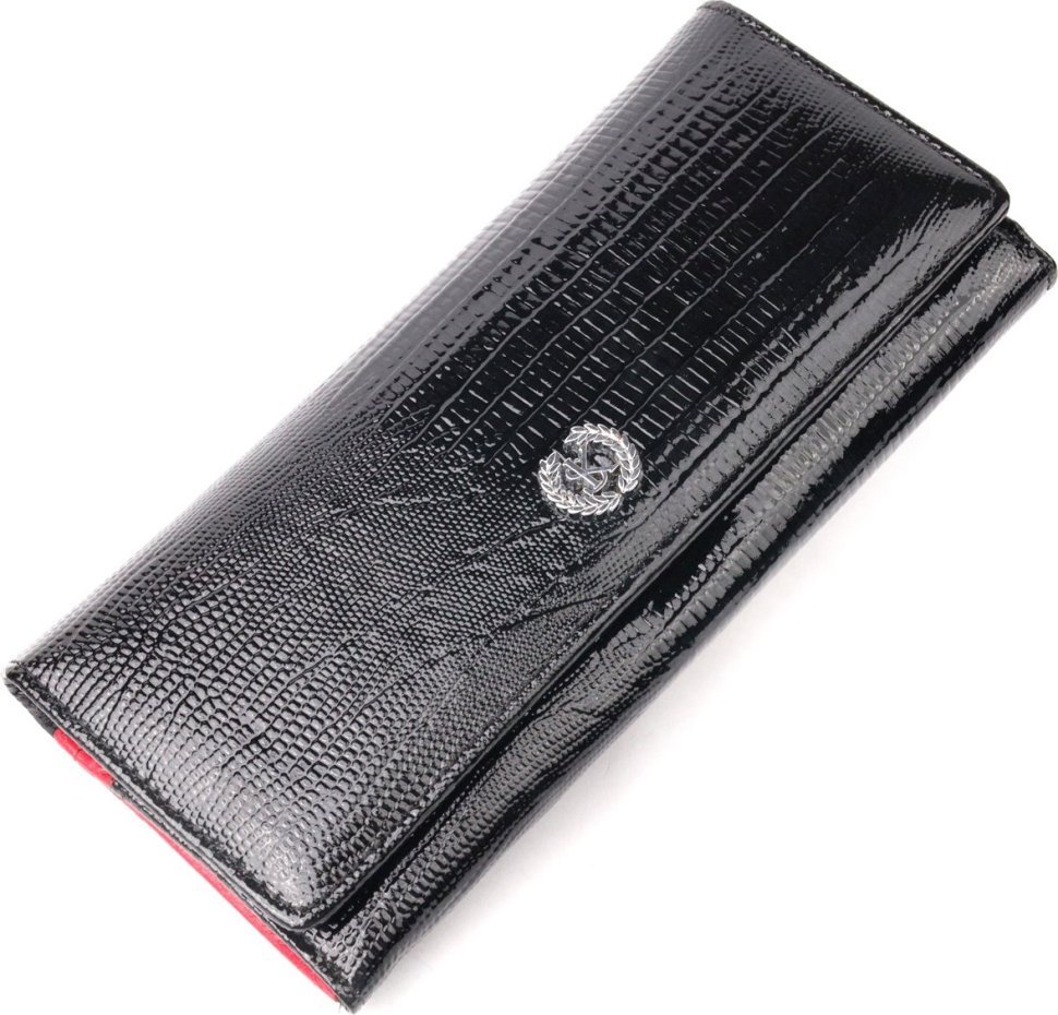 Чорний жіночий гаманець з натуральної лакованої шкіри з тисненням під змію KARYA (2421143)