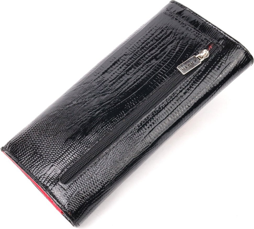 Чорний жіночий гаманець з натуральної лакованої шкіри з тисненням під змію KARYA (2421143)