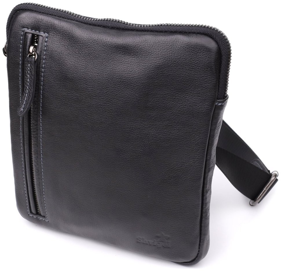 Повседневная мужская сумка через плечо из натуральной зернистой кожи Shvigel черного цвета 108357 modnotak фото №1