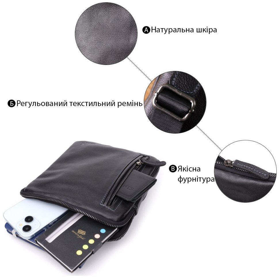 Повседневная мужская сумка через плечо из натуральной зернистой кожи Shvigel черного цвета 108357 modnotak фото №4