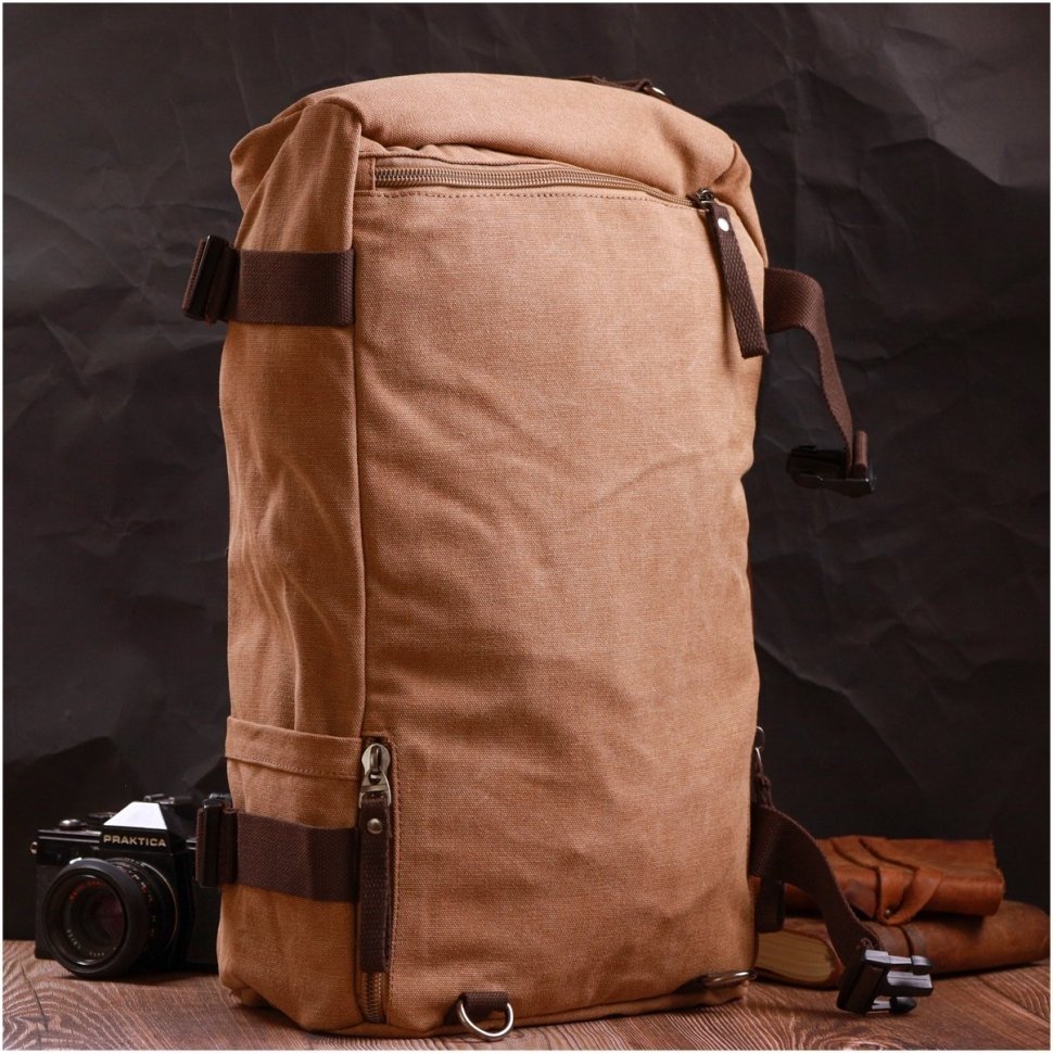 Просторный мужской рюкзак-трансформер из текстиля коричневого цвета Vintage 2422160