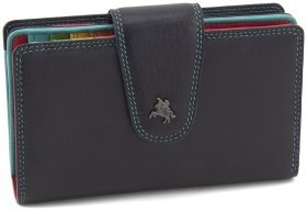 Вертикальний жіночий гаманець із натуральної чорної шкіри з хлястиком на кнопці Visconti Ylang 68757