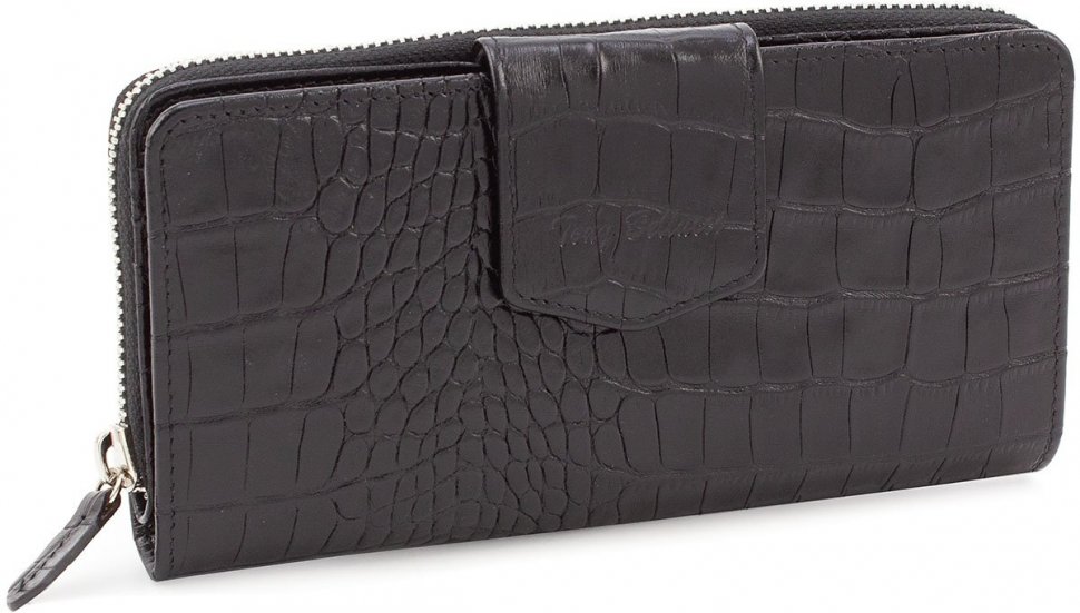 Жіночий великий шкіряний гаманець чорного кольору з фактурою під крокодила Tony Bellucci (10854)
