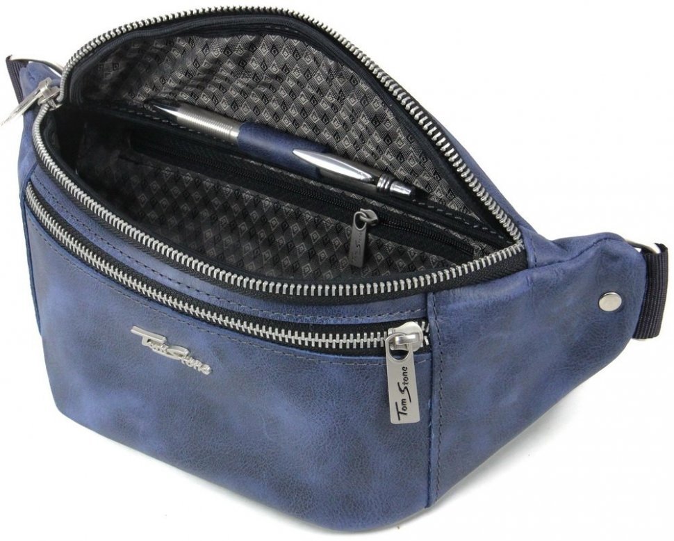 Синяя мужская поясная сумка из натуральной кожи на молнии Tom Stone (10922)