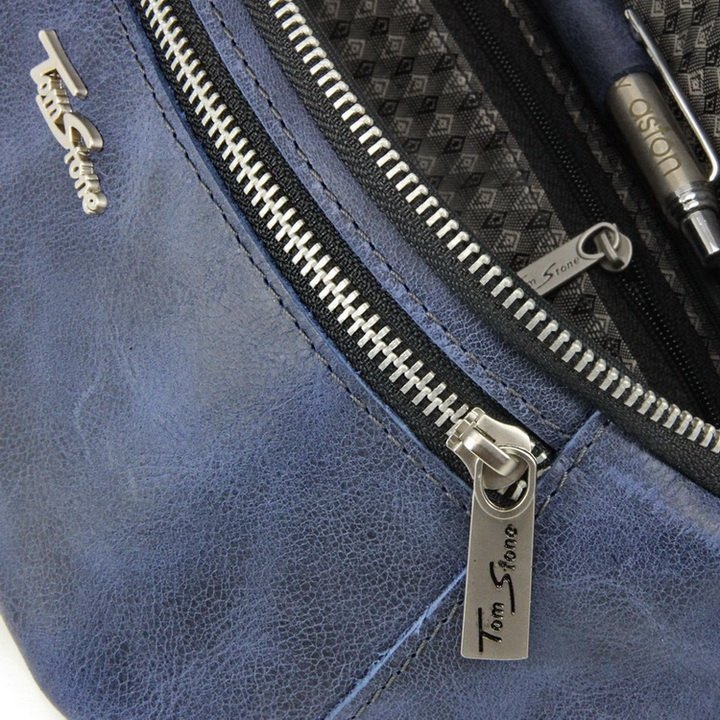 Синяя мужская поясная сумка из натуральной кожи на молнии Tom Stone (10922)