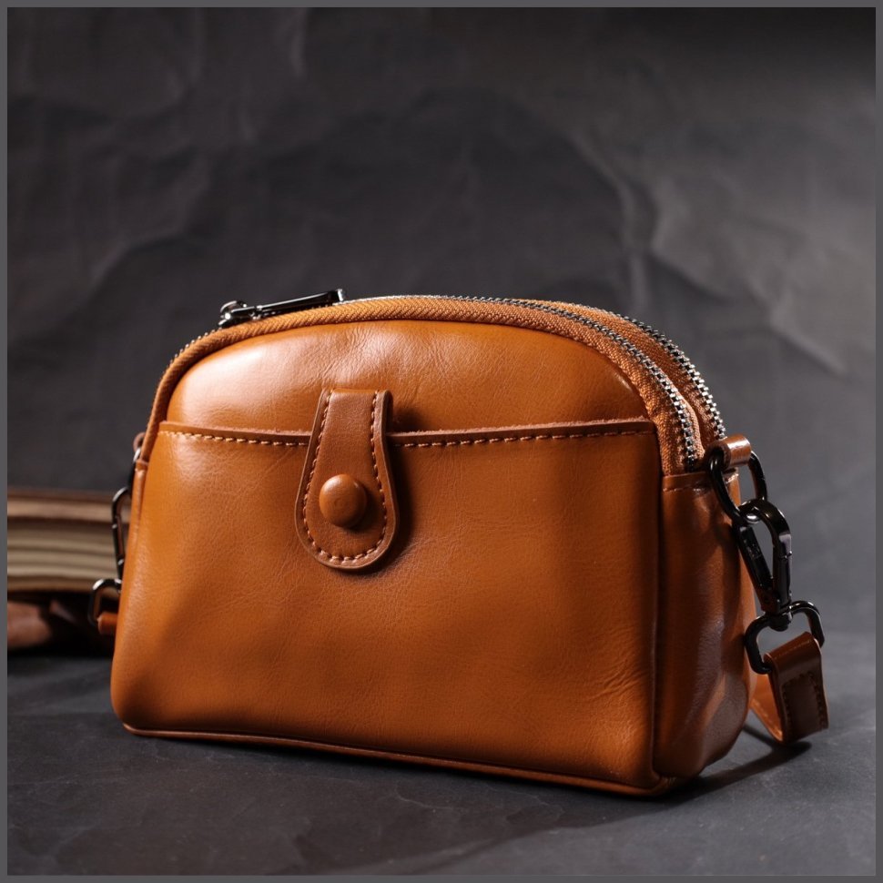 Шкіряна жіноча сумка-кроссбоді помаранчевого кольору на дві блискавки Vintage 2422421