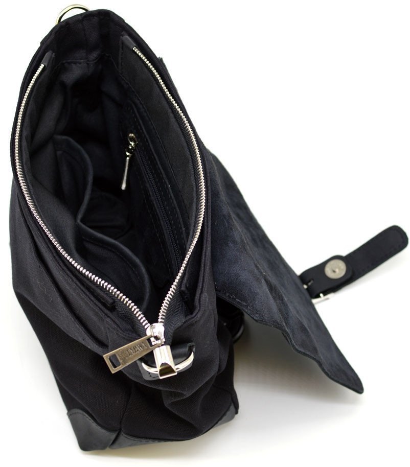 Мужская черная сумка-мессенджер через плечо из ткани с кожаным клапаном TARWA (19648)