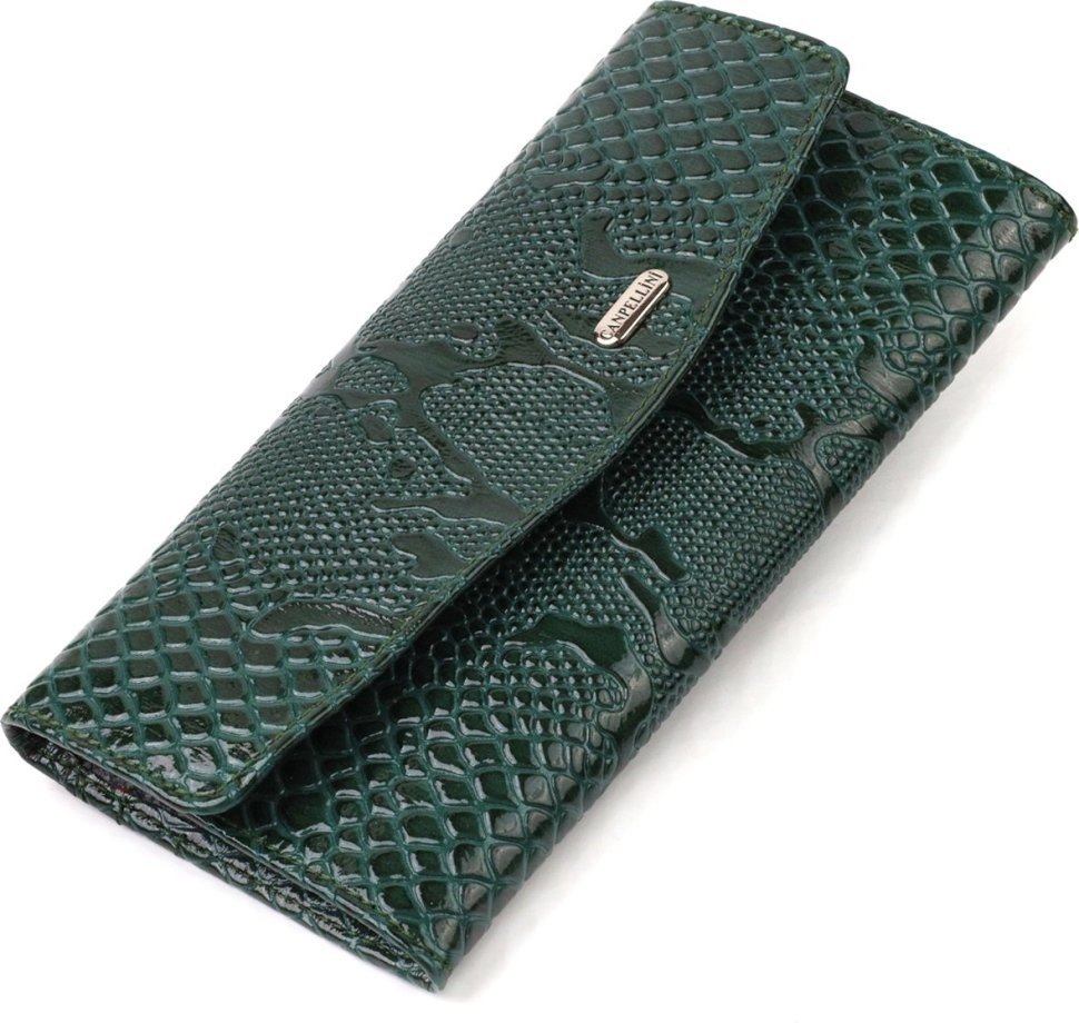 Женский лаковый кошелек зеленого цвета из натуральной кожи с тиснением под змею CANPELLINI (2421694)
