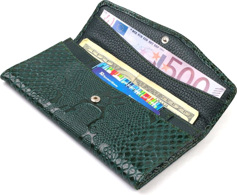Жіночий лаковий гаманець зеленого кольору з натуральної шкіри з тисненням під змію CANPELLINI (2421694)