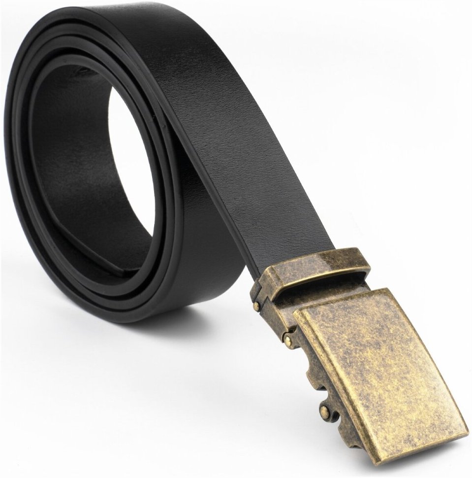 Мужской кожаный ремень в черном цвете под брюки с золотистой пряжкой-автомат Vintage 2420263