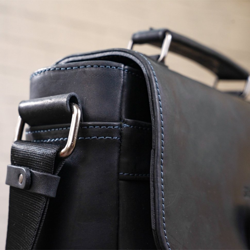 Черная мужская сумка-барсетка из винтажной кожи с клапаном SHVIGEL (11137)