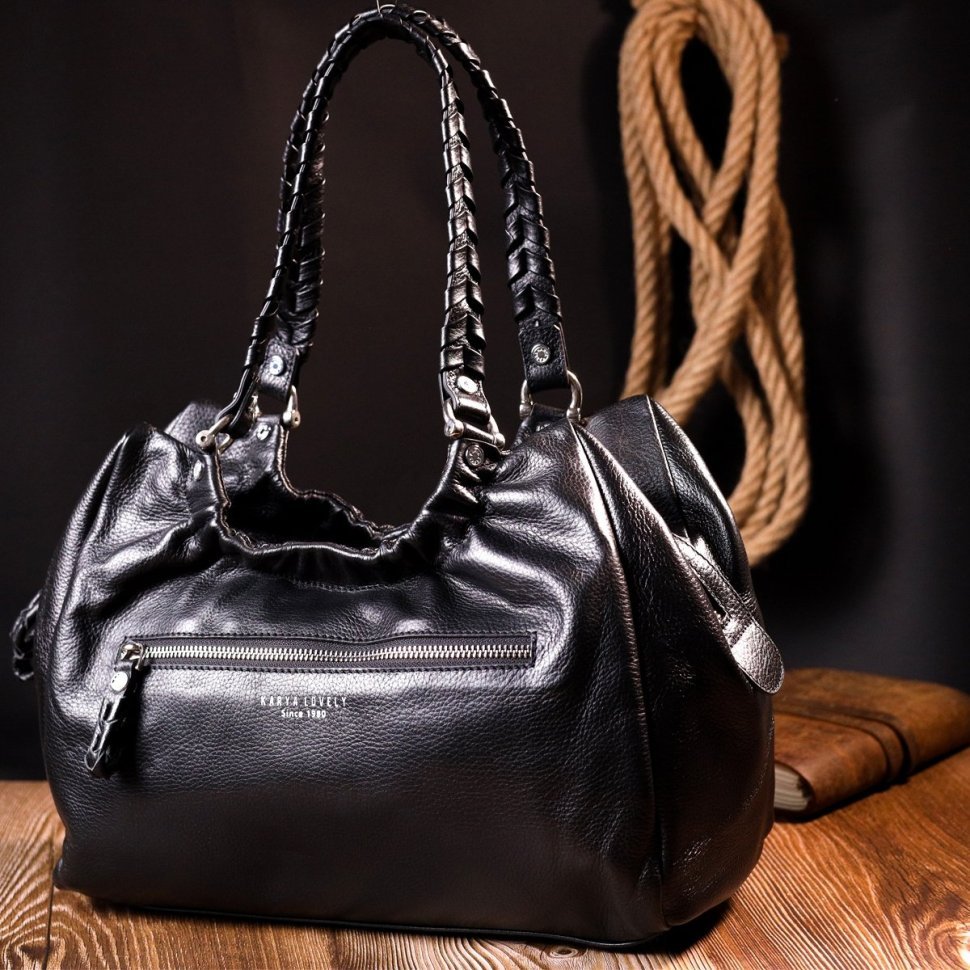 Шкіряна жіноча сумка в класичному чорному кольорі з ручками KARYA (2420844)